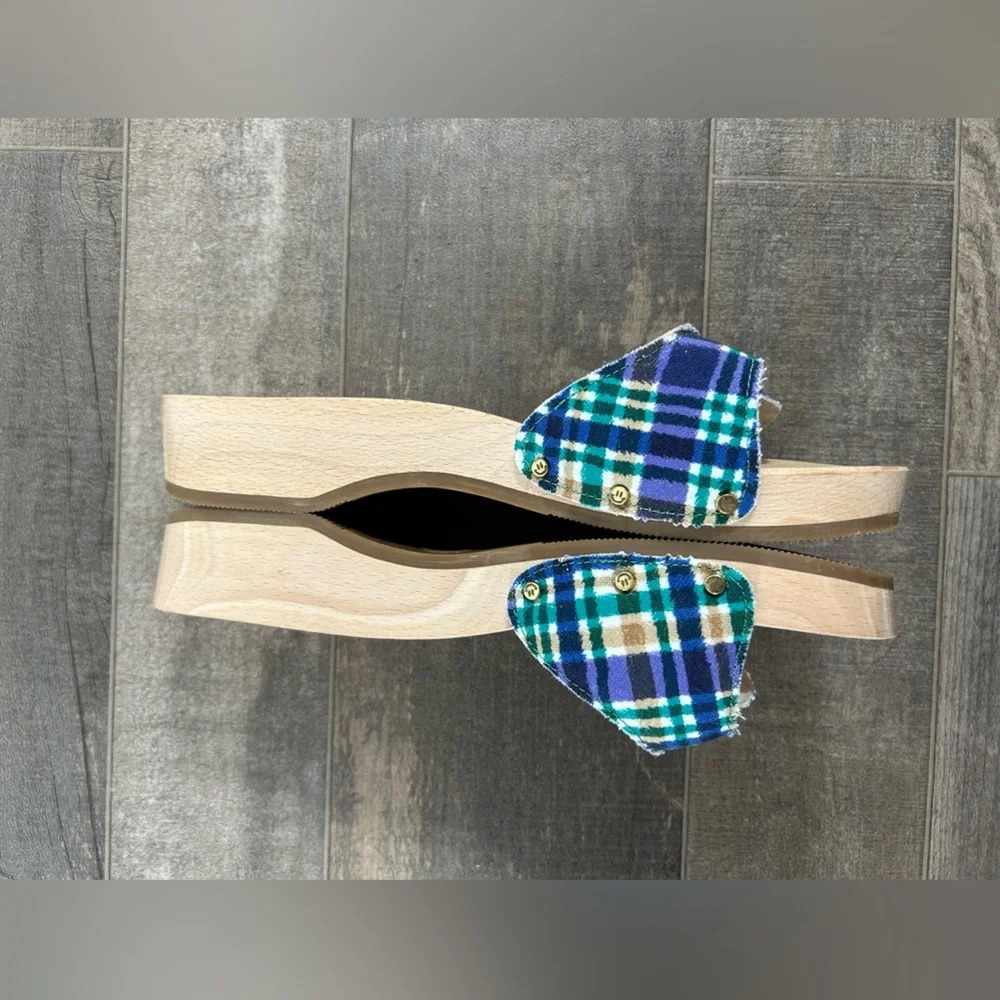 NEW Ganni x Dr Scholls Blue Plaid Pescura Heel Clogs - Picture 3 of 8